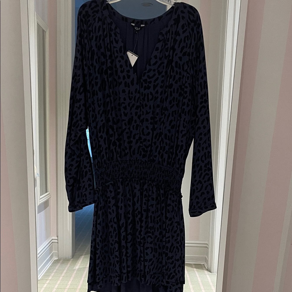 Rails Navy and Black Leopard-Print Long Sleeve Midi Dress with Smocked Waist